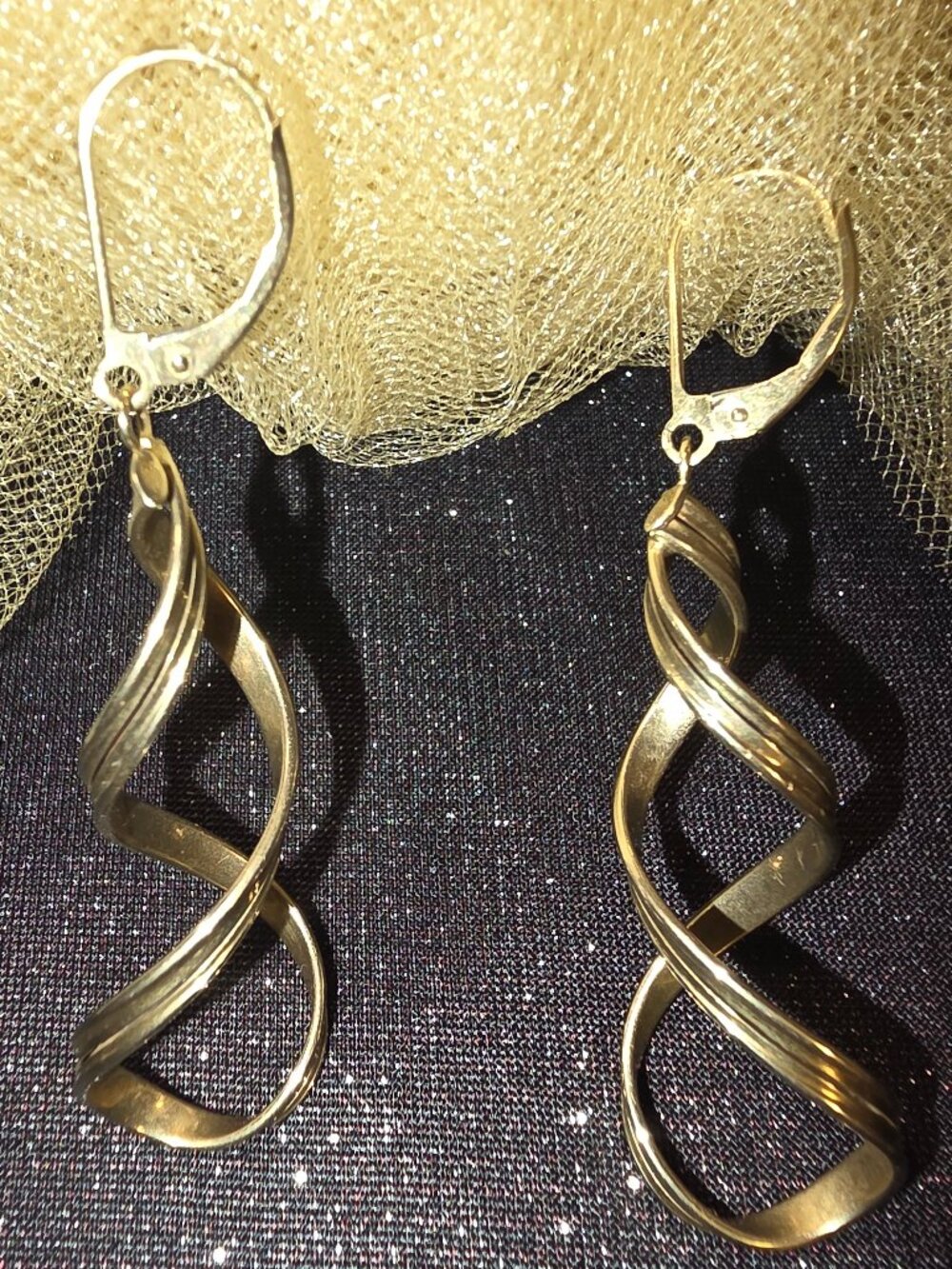 14K Yellow Gold Italian Double-Helix Spiral Twin Ribbon Dangle Earrings